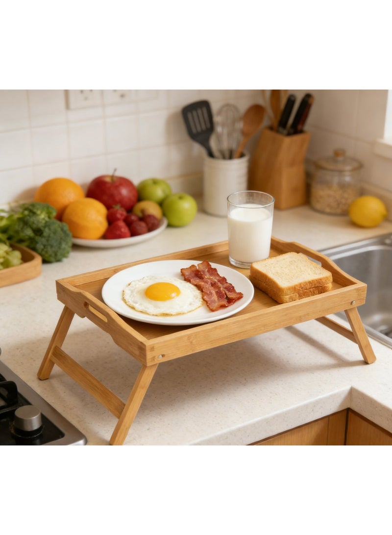 صينية سرير متعددة الوظائف من الخيزران بأرجل قابلة للطي - طاولة تقديم إفطار محمولة في السرير، وحامل كمبيوتر محمول قابل للطي، ومكتب رسم للأريكة (خشب طبيعي) - Image 5